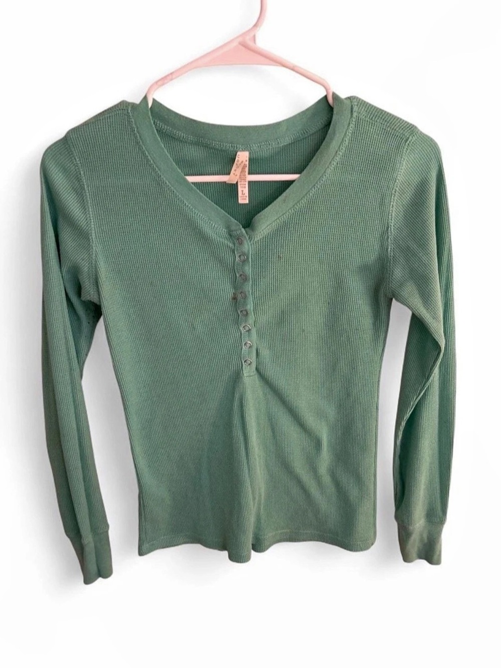 COST LOR Women's Long Sleeve Henley in Green Large